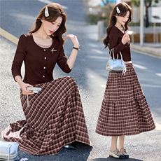 小香风长袖时尚套装裙女2026春秋款气质显瘦气质格纹半身裙两件套，女装套装/套裙，意芙