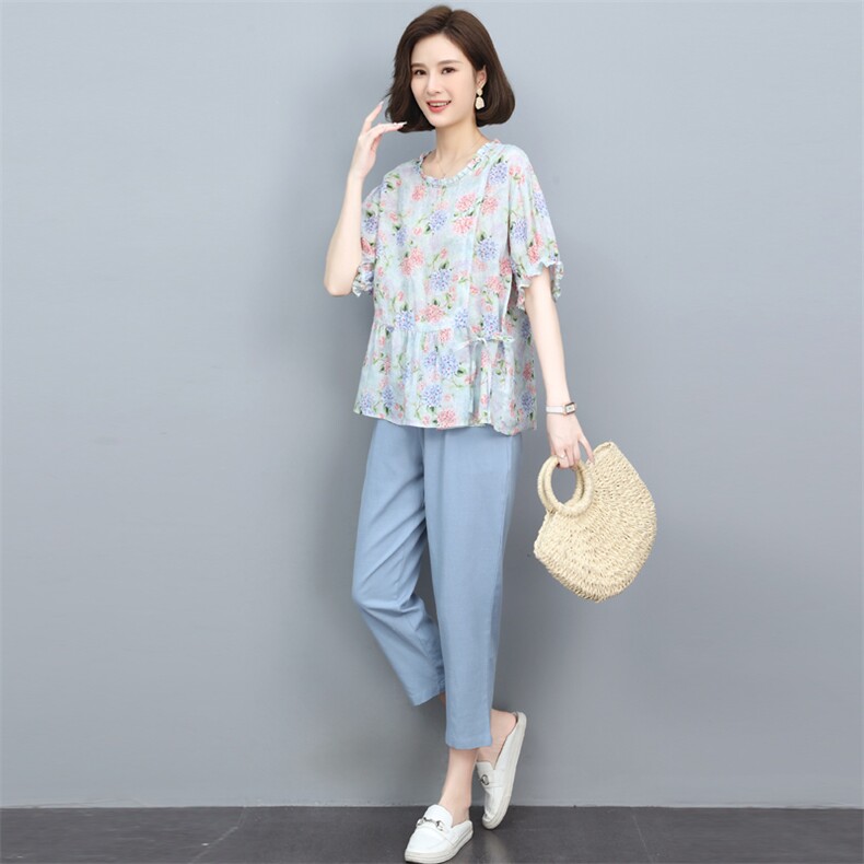休闲时尚棉麻套装夏女装2025新款太洋气减龄妈妈小个子两件套,女装套装/套裙,奕阳依阁