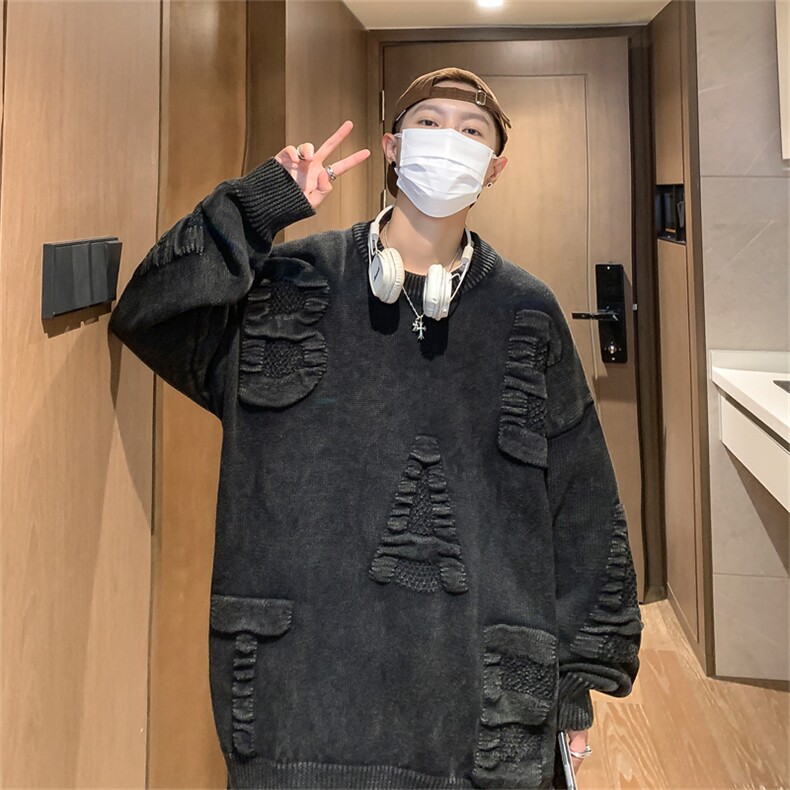M6128/P85秋冬港风高品质工艺水洗毛衣男大码宽松针织衫外套线衣,男装针织衫/毛衣,电商A141