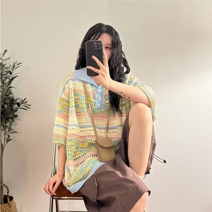 时尚简约无品牌棉短袖衬衫彩虹镂空美式复古宽松潮流新款原宿流行图片