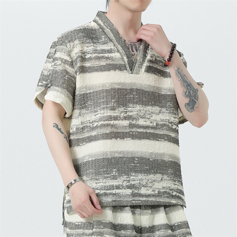 2025春季新款风男装衬衣新中式金属盘扣水墨条纹衬衫C96-P60,男装衬衫,电商B277(原6028)