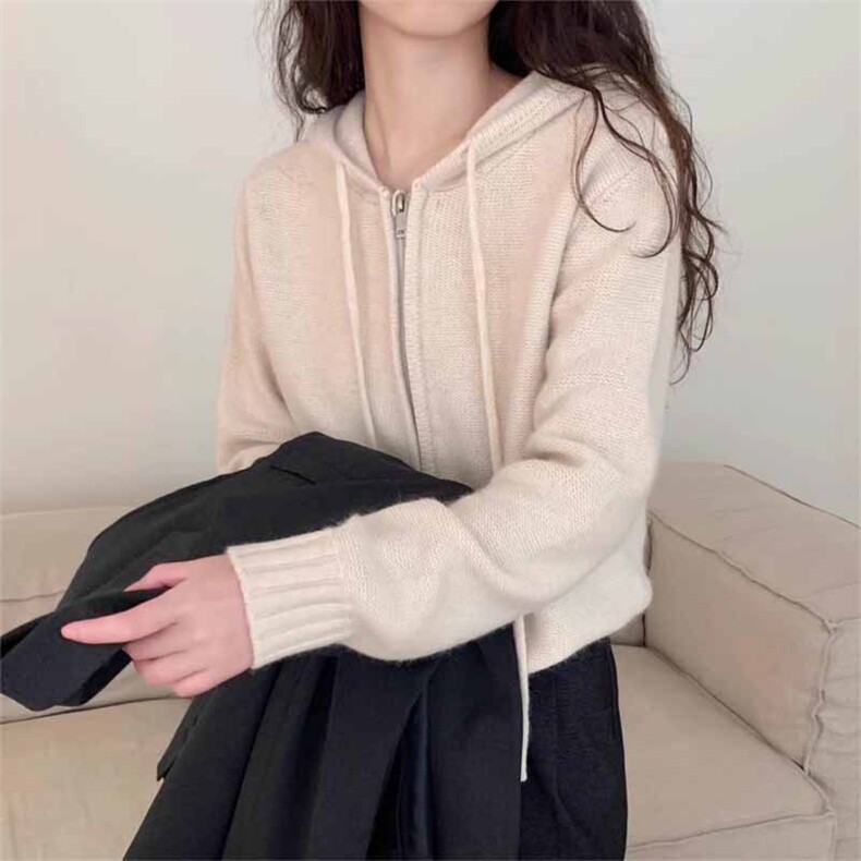 秋冬新款连帽纯色针织开衫时尚百搭,女装羊绒衫,鹿一羊绒