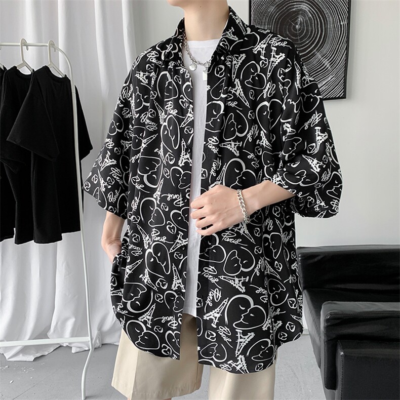 短袖衬衫男港风日系夏季新款休闲潮ins痞帅衬衣A161-2-CT508-P45，男装T恤，电商A161-2
