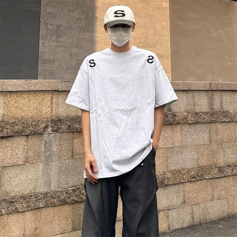 万针全刺绣工艺抖音得物高品质260克重磅纯棉双纱美式高街短袖T恤,男装T恤,电商A486-1