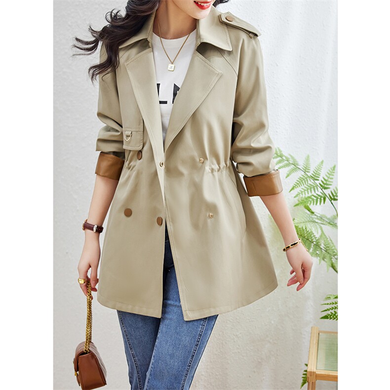 英伦风中长款双排扣拼接风衣女2025春季新款小个子气质上衣外套，女装风衣，姿萝菲