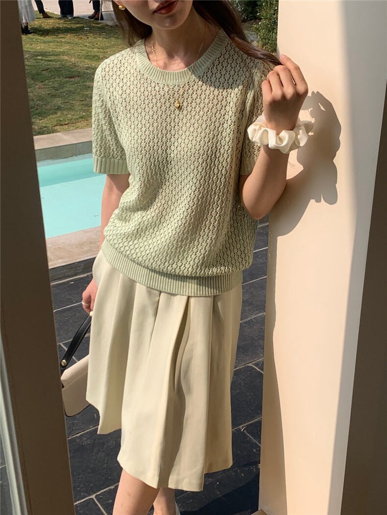 夏季新款短袖t恤女薄款圆领针织宽松百搭半袖上衣,女装T恤,斯尔特羊绒