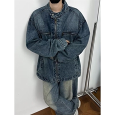 复古水洗做旧牛仔外套男女街头秋新款立领短款工装夹克上衣，男装工装外套，星座1018A