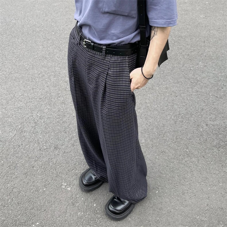 现货高品质老钱风美式弯刀阔腿裤薄款泡泡格纹男女长裤,男装休闲裤,星座610A-1