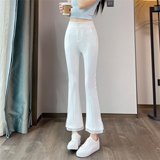 现货2025新款黑色西装微喇裤女显瘦小个子九分蕾丝开叉喇叭裤，女装休闲裤，云美莎专业女裤-全店现货