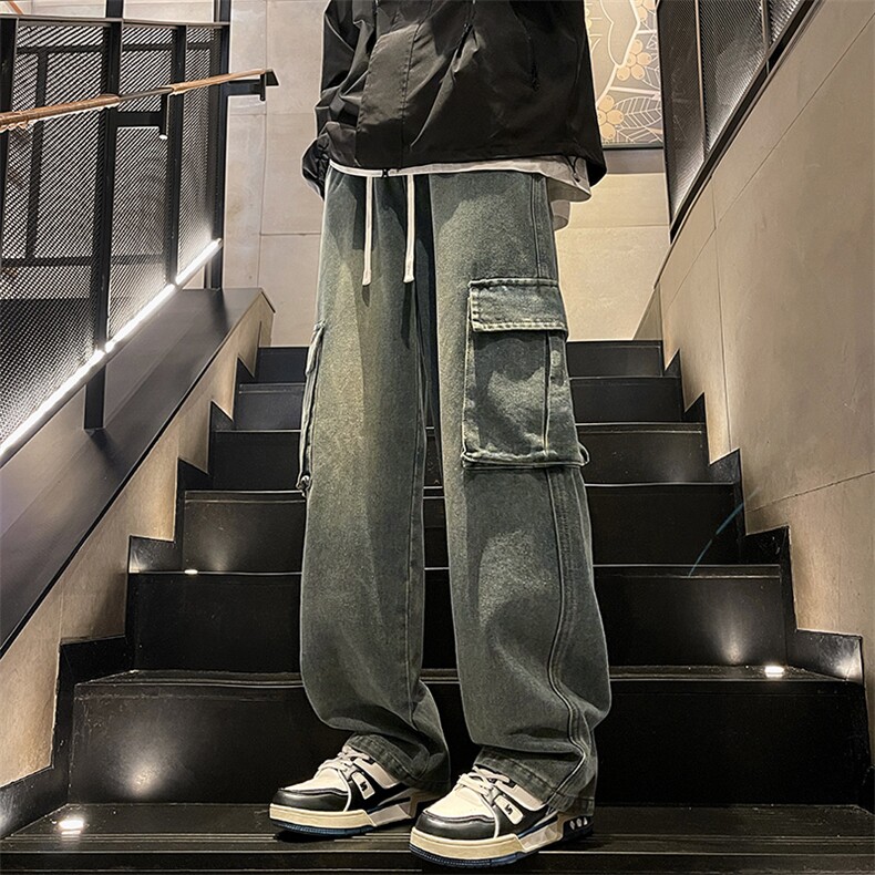 特批P43无差价夏秋衔接抖音品质工装牛仔裤男大口袋拖地长裤N9091,男装牛仔裤,电商A001