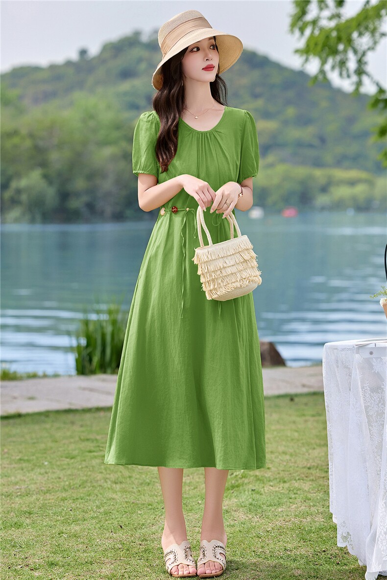 2026夏季新款圆领收腰优雅时尚中长款连衣裙,女装连衣裙,蓝诺裳
