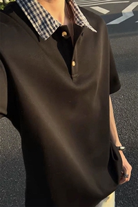 假两件格子拼接T恤夏季美式潮牌短袖POLO衫翻领上衣T3640-特价P29图片