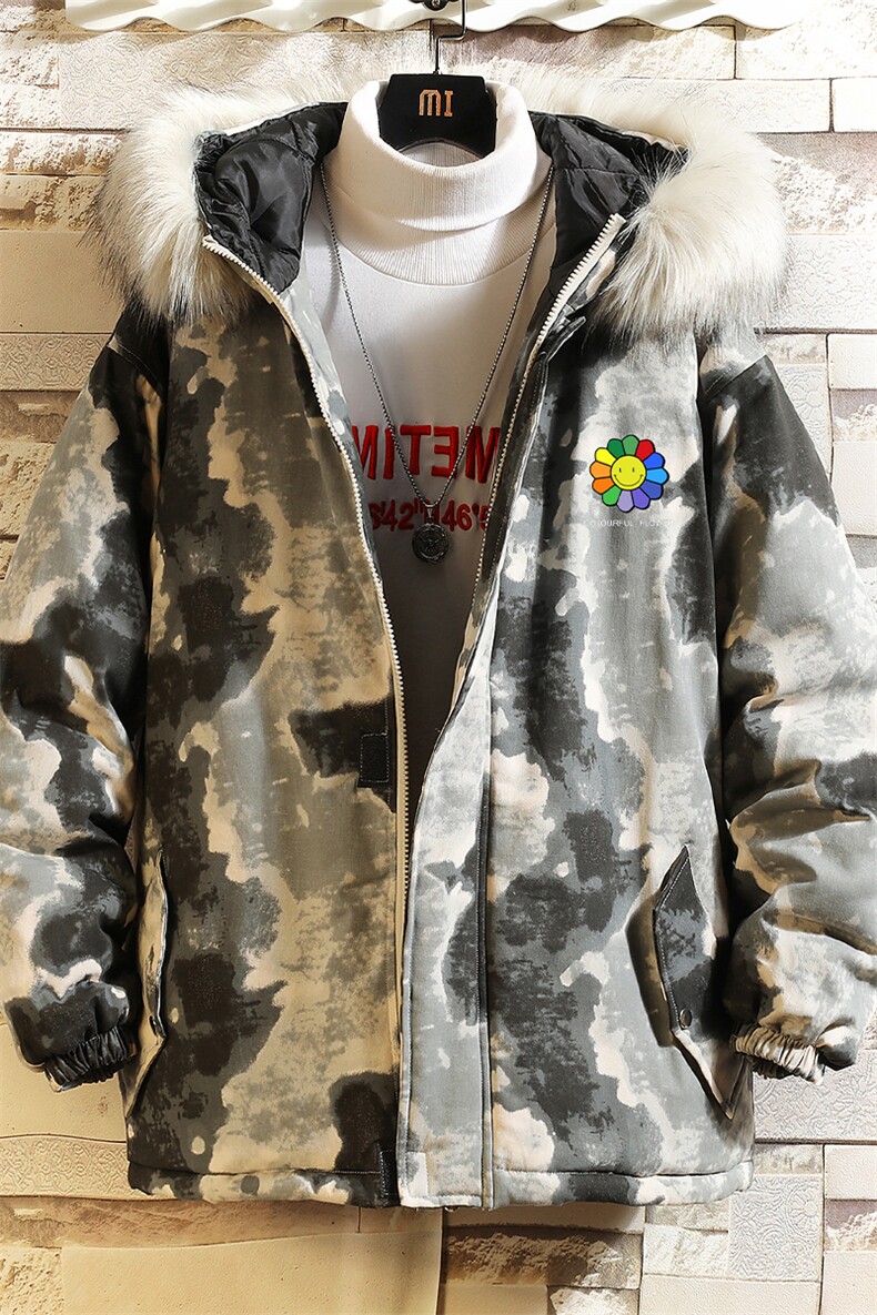 MC49101-P135大毛领迷彩棉衣男大码加厚棉服男棉袄子砖墙挂拍,男装棉衣,电商A040A