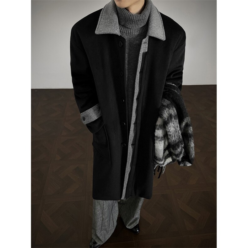 517A-8-Y87-P128冬季韩版老钱风拼接复古毛呢大衣中长款加棉外套，男装毛呢大衣，星座517A-8（原B282）