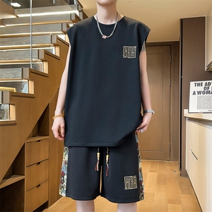 休闲运动套装潮流夏季刺绣五分裤套装男拼接背心A266-TZ1107-P43图片