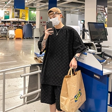 TZ84647/P60夏季新款格子短袖短裤t恤休闲宽松大码两件套套装男，男装休闲套装，电商A141