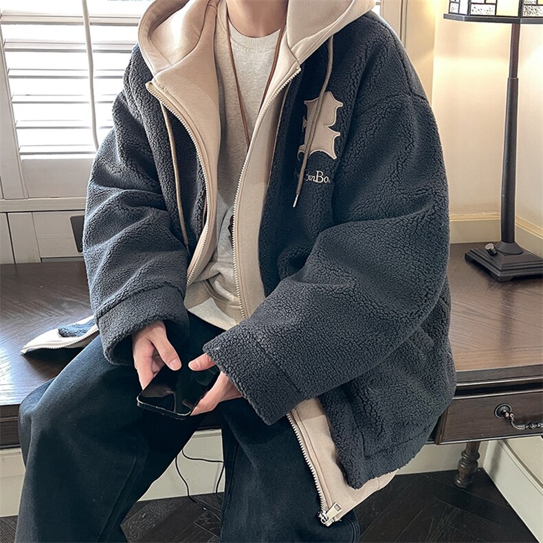 冬装假两件羊羔毛棉衣加厚棉服绣花外套A071-099-P125，男装棉衣，电商A071