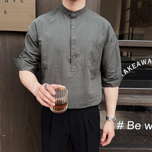 夏季男士七分袖麻料立领衬衫男休闲修身休闲衬衣A236-C666-P55图片