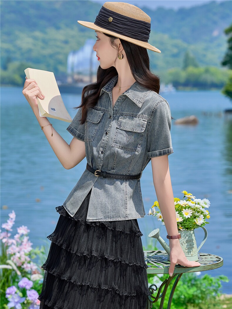 （新款现货）2026夏时尚薄牛仔短袖上衣+蛋糕纱裙两件套（配腰带,女装套装/套裙,印象茜
