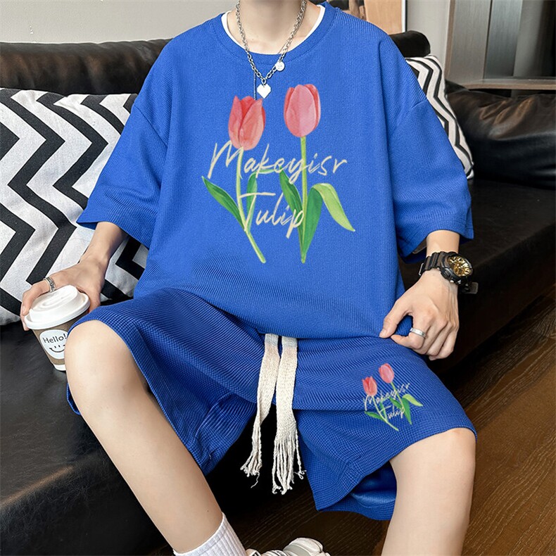 青少年夏季套装男士冰丝华夫格短袖t恤休闲运动短裤搭配帅气一套,男装牛仔裤,星座1904A-1