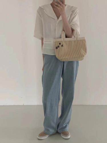 2021夏季新款麻料短袖衬衫韩版现货，女装衬衫，雨木其