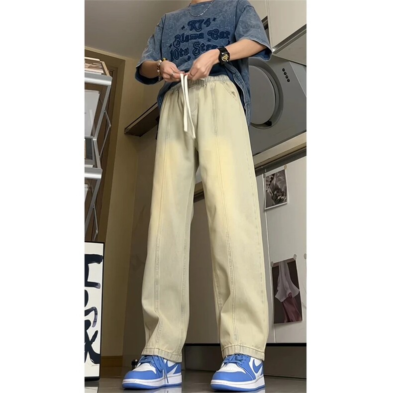 K1223-p35（网络图）现货牛仔裤拼接无弹阔腿直筒裤老爹裤长裤,男装牛仔裤,星座103A-1