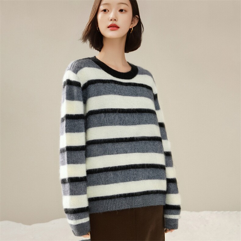 休闲/淑女2025年春季羊毛拉毛条纹衫,女装羊毛衫,雅之冉羊绒