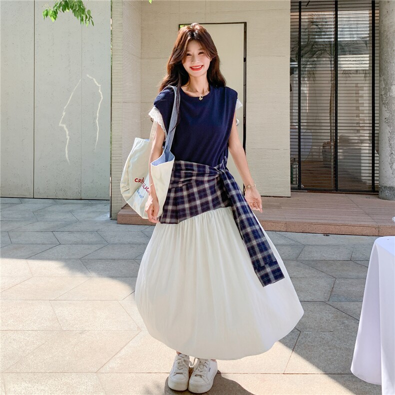 撞色拼接格纹连衣裙女2025夏季新款韩系设计感独特超好看a字长裙,女装连衣裙,2C201