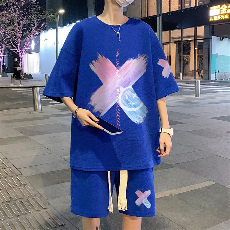 套装！夏季华夫格套装男T恤短裤男两件套大码港风TZ13-P50，男装休闲套装，电商B367