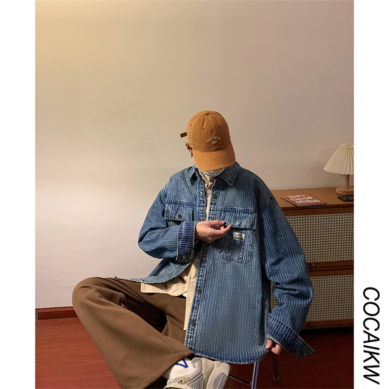 日系复古做旧水洗工装牛仔外套男女街头oversize宽松百搭休闲衬衫,男装衬衫,星座410-7