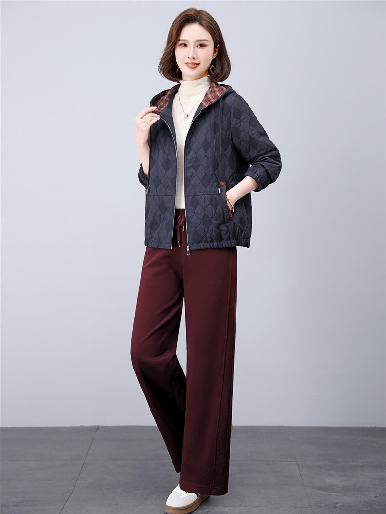 长期现货妈妈春秋早冬夹棉服时尚格子连帽外套短中老年两件套装女,女装套装/套裙,璐依舞