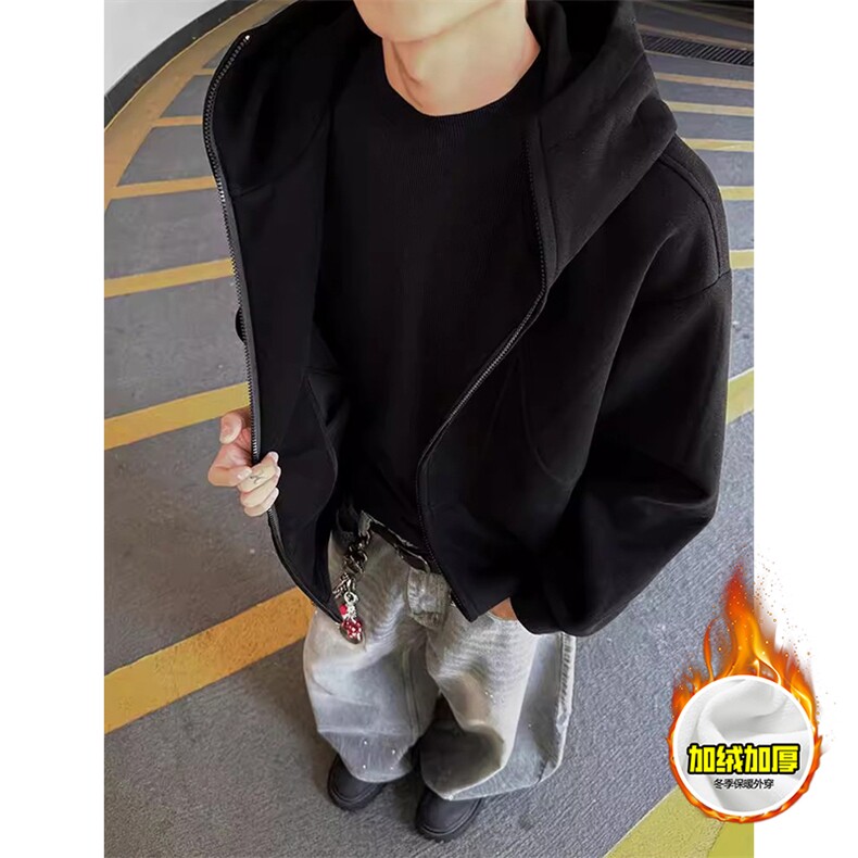 480G重磅加绒硬挺boxy男女秋冬美式高街结构高领卫衣开衫厚外套，女装短外套，电商A486-1