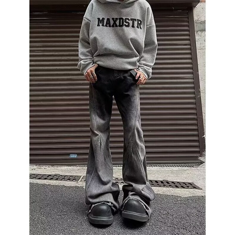 美式高街复古牛仔裤男春秋季新款设计感高质量黑灰色喇叭牛仔裤,男装牛仔裤,四季星座505