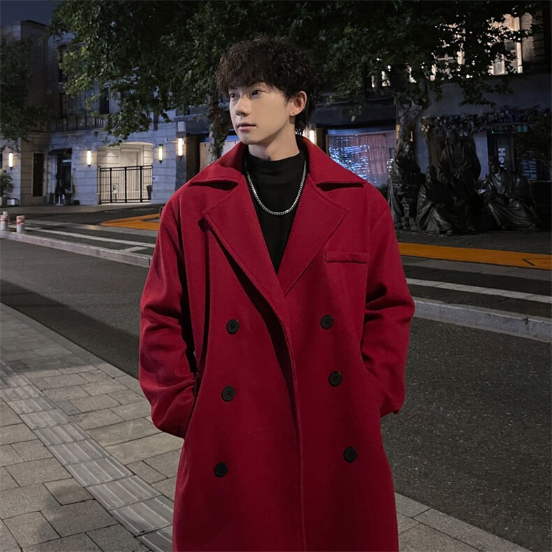 外景秋冬宽松中长款毛呢大衣男潮牌厚款英伦风衣外套MN9538/P100图片