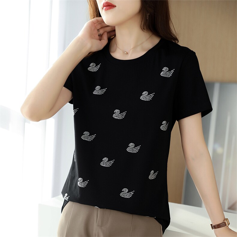 夏季女士丝光棉短袖t恤女夏黑色体恤衫镶钻女装上衣大码刺绣纯棉T，女装T恤，元素羊绒