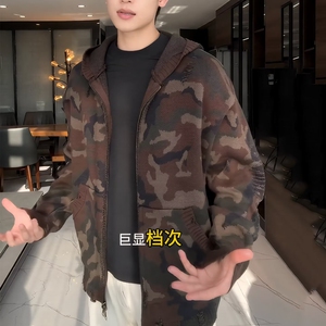 美式复古重磅连帽迷彩毛衣外套男春秋2025新款设计感拉链开衫图片