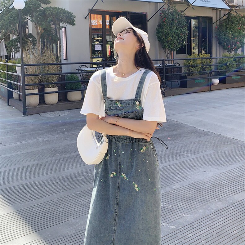 港风复古牛仔连衣裙女夏2024新款小个子收腰显瘦a字背带裙两件套,女装套装/套裙,浪娴服饰