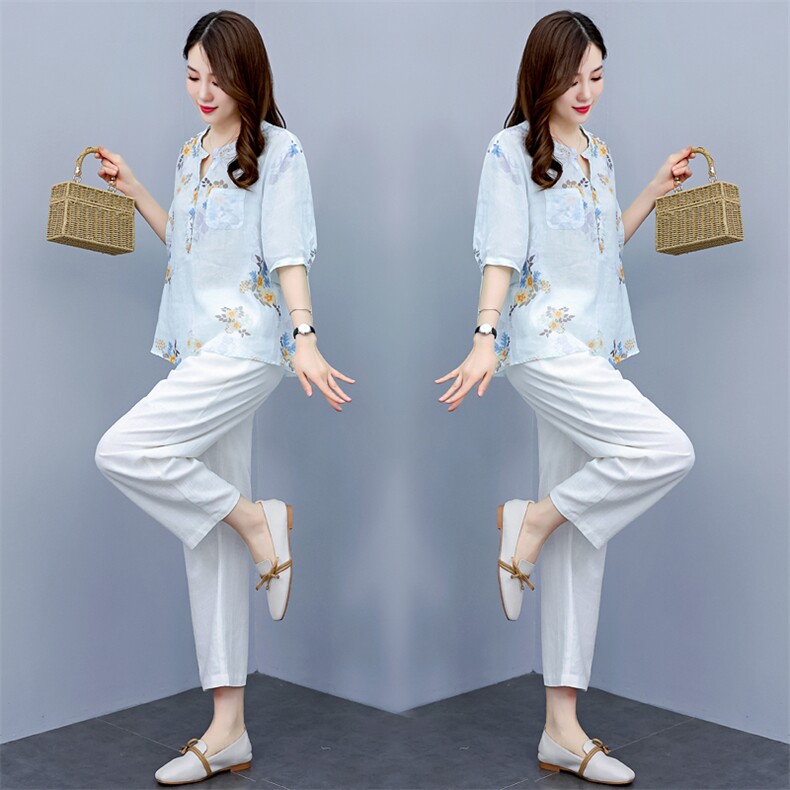 休闲时尚棉麻套装女夏装2025新款高端气质港风苎麻成套搭配两件套,女装套装/套裙,凝聚力
