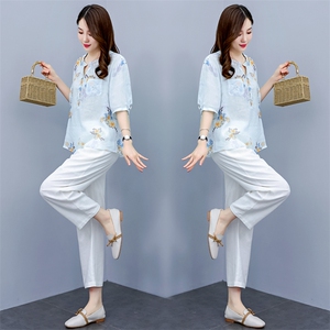 休闲时尚棉麻套装女夏装2025新款高端气质港风苎麻成套搭配两件套图片