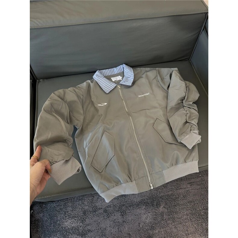 739-P58白色cleanfit条纹拼接假两件棒球服外套男款美式翻领,女装短外套,电商B323A