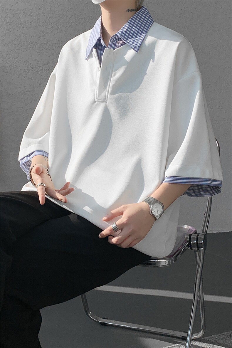 8XL-M假两件衬衫领短袖T恤大码夏季条纹拼接polo衫半袖DX1211/P45,男装T恤,电商B238