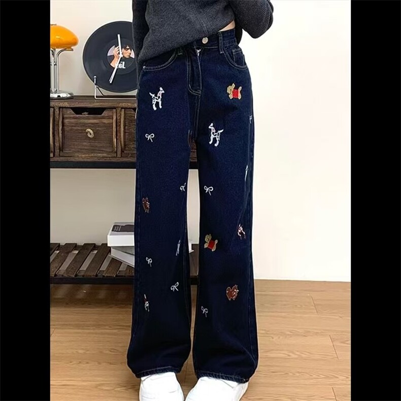 美式涂鸦刺绣阔腿牛仔裤女春秋季设计感小众高腰显瘦直筒拖地裤子,男装牛仔裤,星座506A