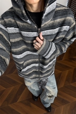 连帽撞色条纹针织开衫卫衣外套男宽松打底上衣W24566-特P55控108，男装T恤，电商A001