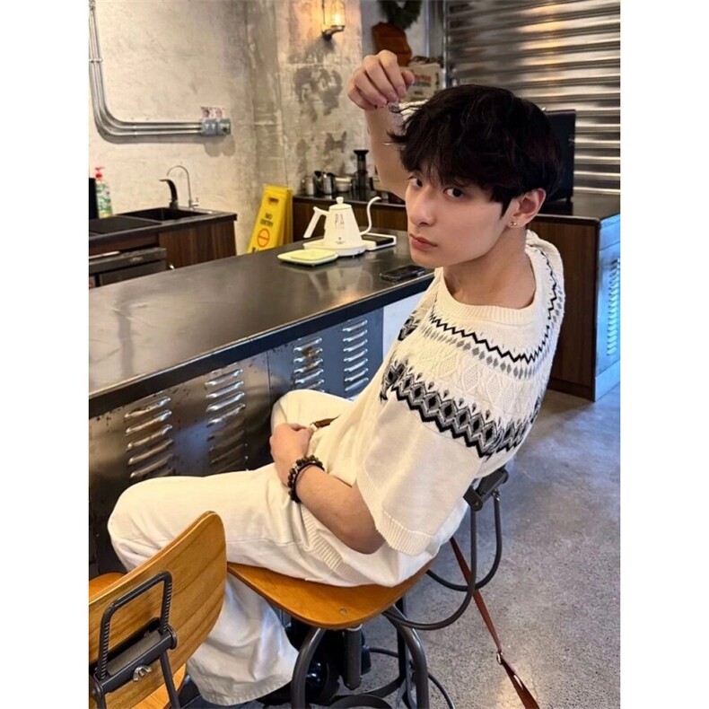 感针织短袖t恤男女夏季美式复古宽松慵懒提花半袖上衣DTX671，男装T恤，星座208-5