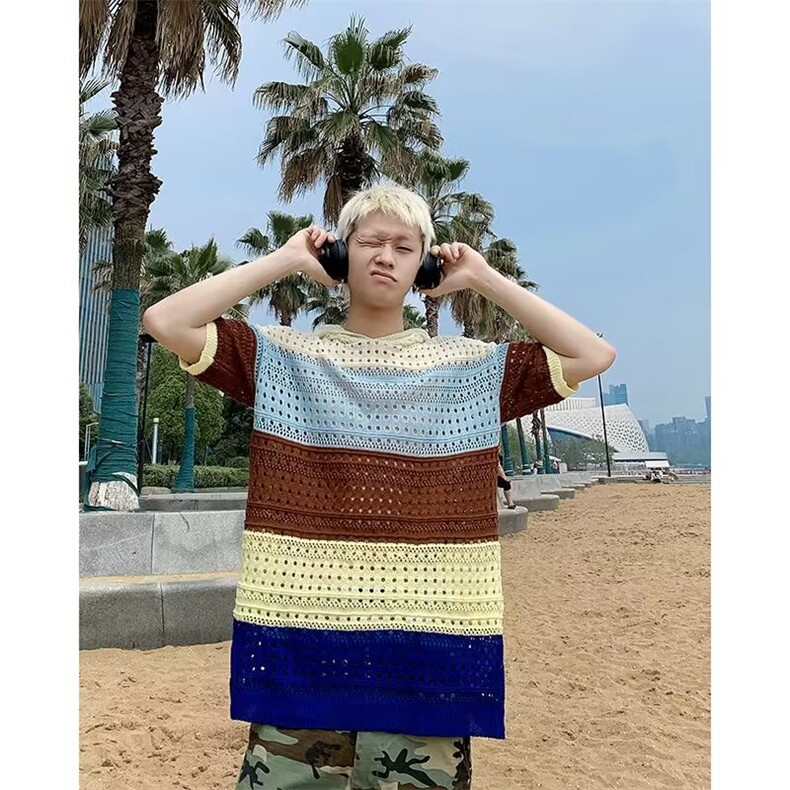 美式复古条纹镂空撞色针织宽松背心夏季新款连帽休闲短袖T恤,男装背心/马甲,星座1013