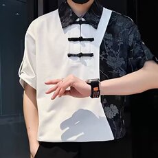 男士短袖Polo衫夏季潮牌痞帅翻领拼接t恤2025新款新中式风格上衣，男装T恤，电商B212（原钱塘6029）