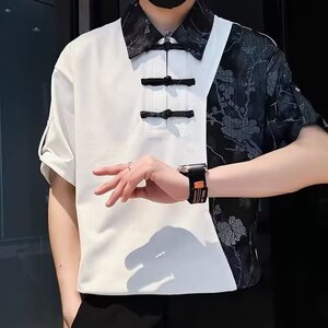 男士短袖Polo衫夏季潮牌痞帅翻领拼接t恤2025新款新中式风格上衣图片