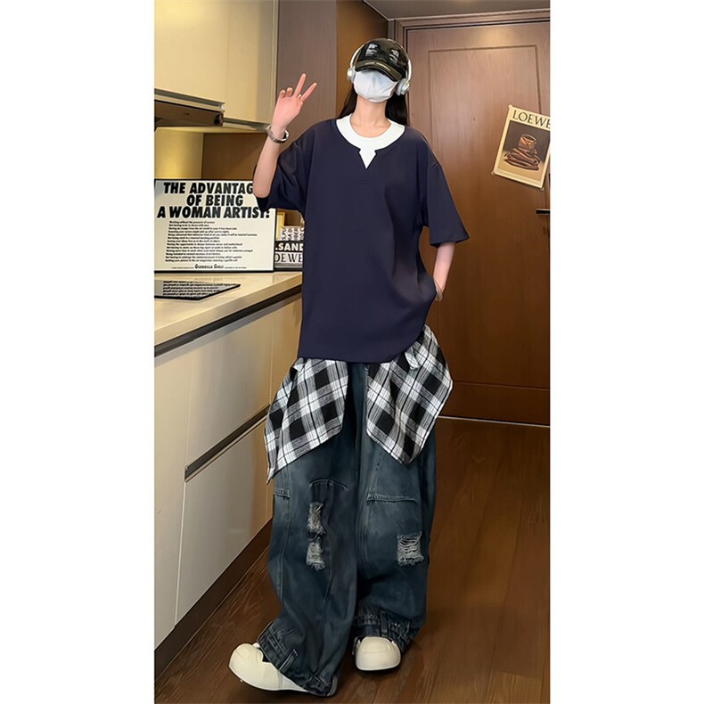 wassuphappy假两件短袖t恤男夏季薄款小领口宽松半截袖休闲上衣,男装T恤,电商A102B