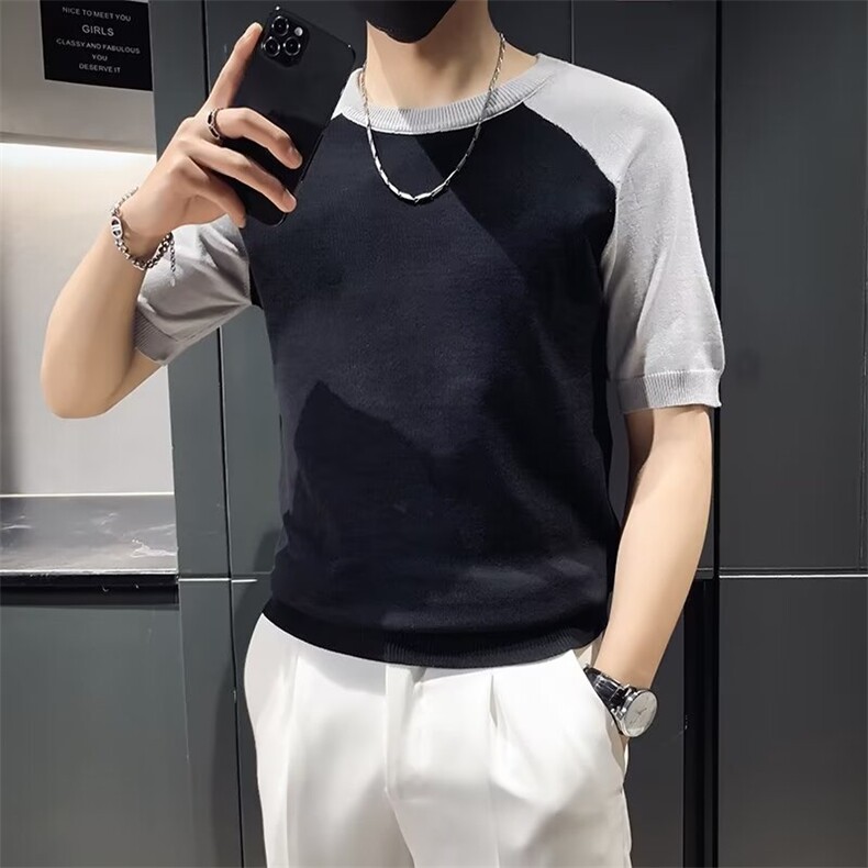 夏季新款冰丝针织短袖T恤男修身时尚社会条纹半袖打底衫 M866图片