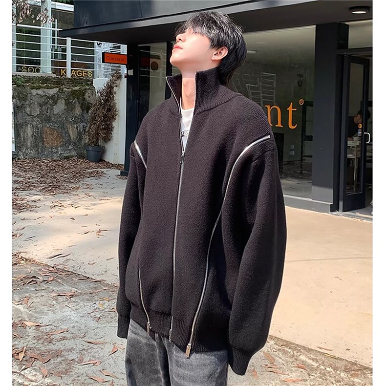 网图小众拉链设计毛衣外套宽松重磅立领针织衫A025-GM19226-P60,男装针织衫/毛衣,电商A025